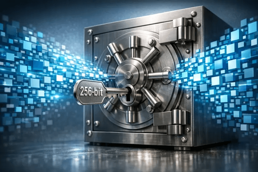 A simple visual metaphor of a sturdy digital vault with a single key labeled 