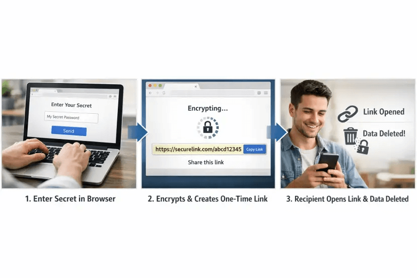 A simple three step diagram: 1) A person types a secret into a browser, 2) the browser encrypts it locally and generates a one-time link, 3) the recipient opens the link once and the encrypted data is permanently deleted.