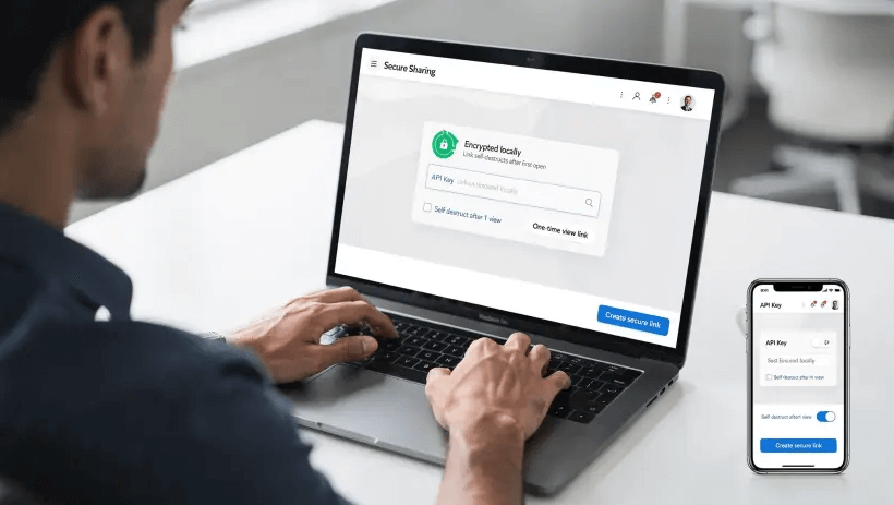 Um desenvolvedor em um laptop cola uma chave API em uma ferramenta de compartilhamento segura, um distintivo de confirmação indica que a criptografia é local e o link se autodestruirá após uma única visualização, a interface é limpa e amigável para móveis.