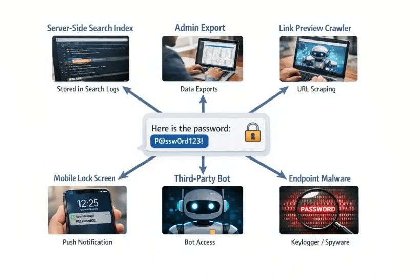 Un diagrama visual que muestra múltiples rutas de filtración desde una sola contraseña pegada en un mensaje de chat: índice de búsqueda del servidor, exportación de administrador, rastreador de previsualización de enlaces, notificación en pantalla de bloqueo móvil, bot de terceros y malware en el endpoint.