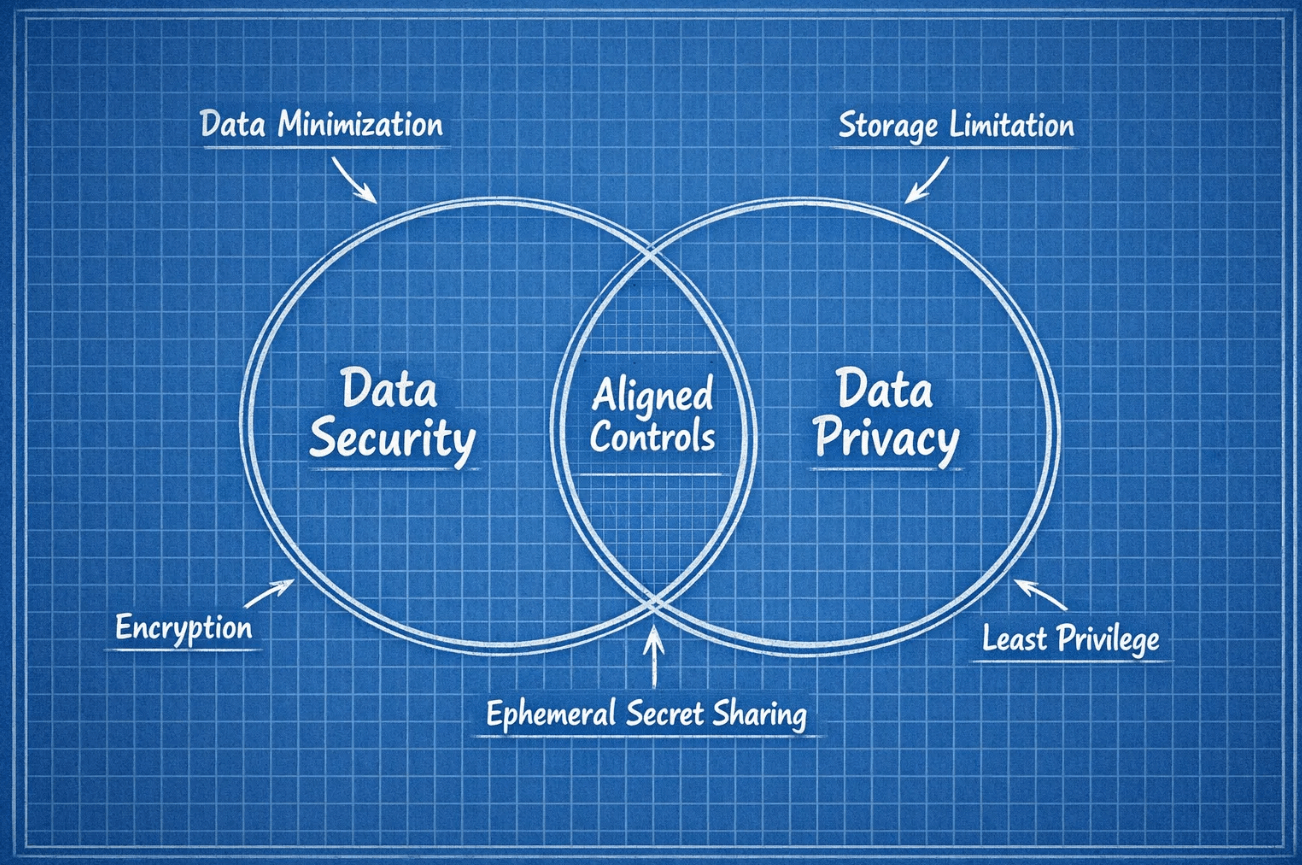 A simple blueprint diagram showing two overlapping circles labeled Data Security and Data Privacy, with a shared center area labeled Aligned Controls. Around the diagram, short callouts list key controls like data minimization, storage limitation, encryption, least privilege, and ephemeral secret sharing.
