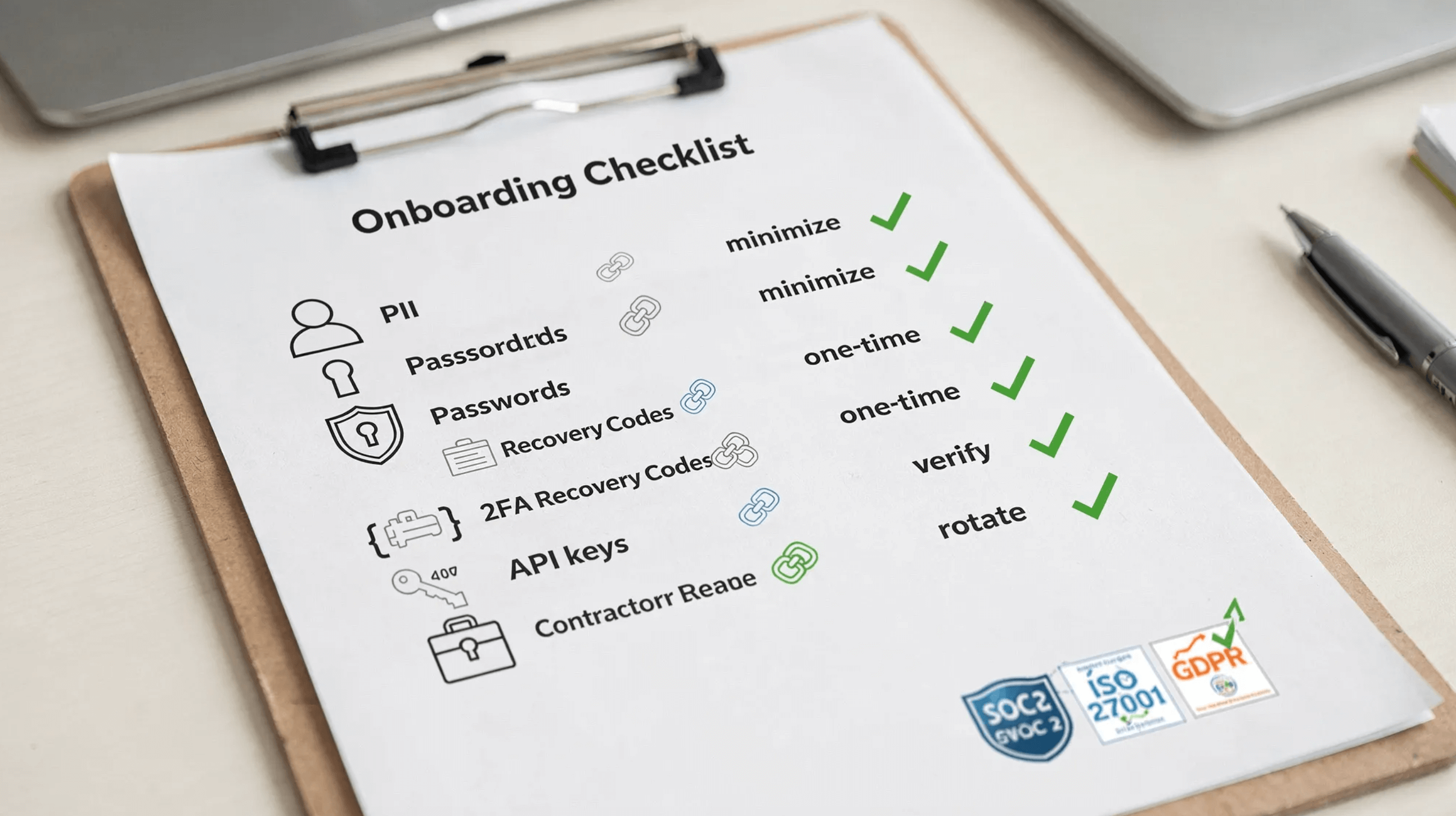 A clean onboarding checklist on a clipboard, with icons for PII, passwords, 2FA recovery codes, API keys, and contractor access. Each item has a small one‑time link icon next to it and a green checkmark labeled minimize, one‑time, verify, rotate, and log evidence. In the corner, small badges show SOC 2, ISO 27001, and GDPR to represent alignment.