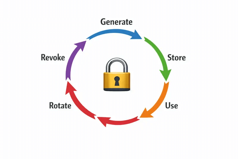 A simple circular lifecycle diagram showing five stages for a secret key: generate, store, use, rotate, and revoke, with a lock icon in the center. Each stage has a short label, and arrows form a loop to emphasize continuous management.