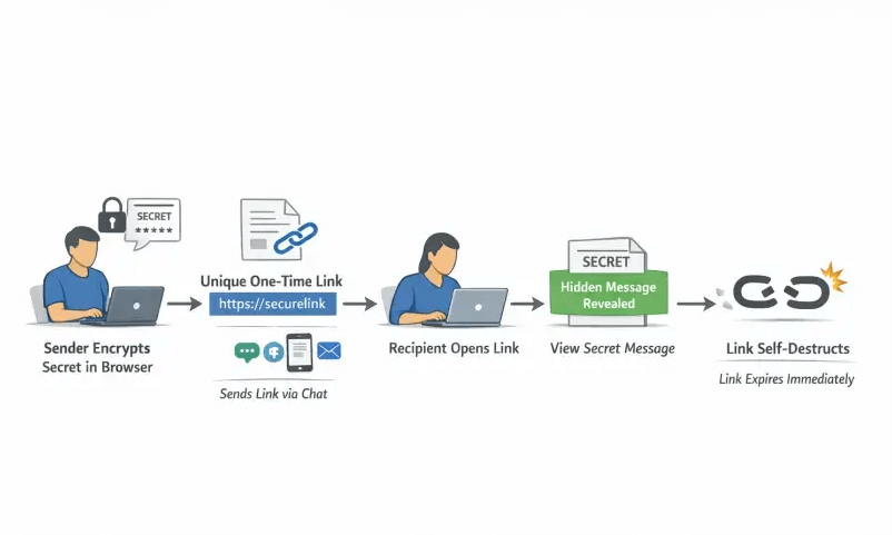 Un diagrama de flujo simple que muestra a un remitente encriptando un secreto en el navegador, generando un enlace único de un solo uso, enviándolo a un destinatario por chat, el destinatario abriéndolo una vez para revelar el secreto y el enlace autodestruyéndose inmediatamente después del acceso.